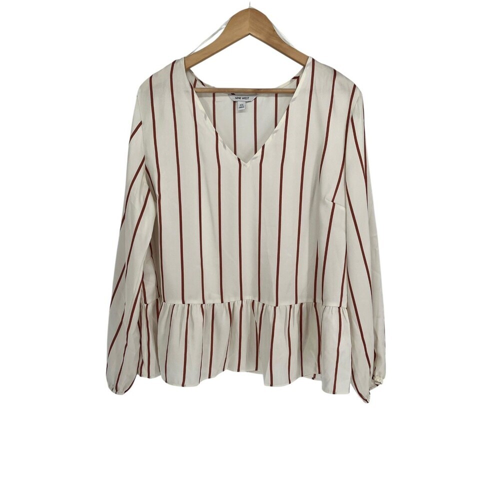 Nine West Top Womens Size XXL White Striped V-Neck Peplum Blouse Officecore